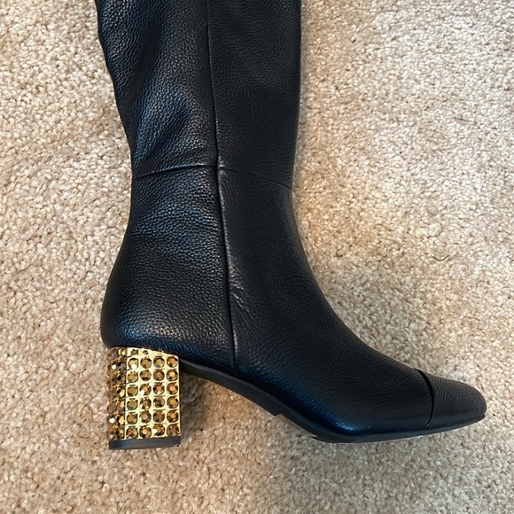Kurt Geiger Mayfair black leather over the knee heel boots rhinestone gold shoe - Picture 4 of 12